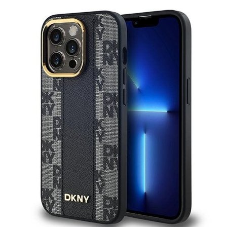 DKNY Nahka Checkered Mono Pattern MagSafe Case for iPhone 14 Pro Max - Musta