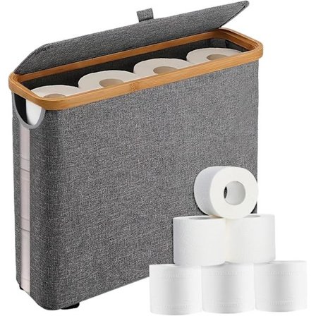 Oppbevaringsboks med lokk, transparent, sammenleggbar, toalettpapirkurv, baderomsorganisator, egnet for 12 ruller, grå