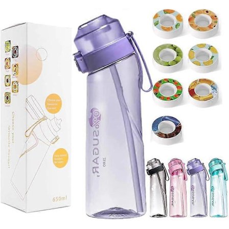 Ilmavesipullo 7 makupalalla, BPA-vapaa ja tiivis, 0 sokeria, 0 kaloria, 650 ml uusi hedelmätuoksuinen vesipullo 7 makupalalla