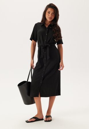 ONLY - Onlcaro S/S LINEN BL BELT DRES - Black - Kläder - - Bubbleroom