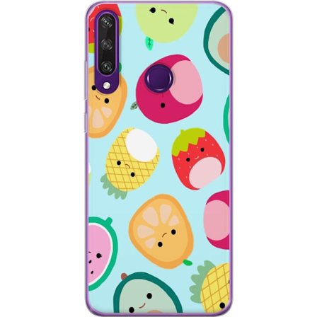 Kompatibel Mobilcover til Huawei Y6p Mønster af kawaii frugter som jordbær citron ananas og avocado på lyseblå baggrund
