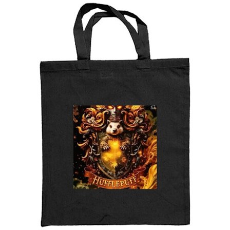 Stoffpose Detaljert fantasyvåpen skjold med gyldne ornament, dyremotiver og glødende lys i magisk stil mot mørk bakgrunn