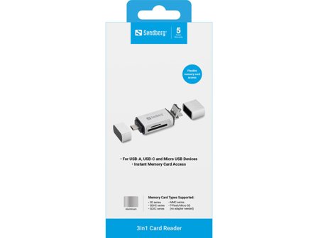 Sandberg kortleser USB-C, USB, MicroUSB Leser og skriver til SD-kort og Micro-SD-kort