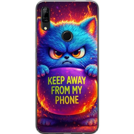 Kompatibel Mobilcover til Huawei Huawei P Smart Z Vred luvat blå kat med teksten "Hold dig væk fra min telefon" i neonfarver og ildlignende effekter