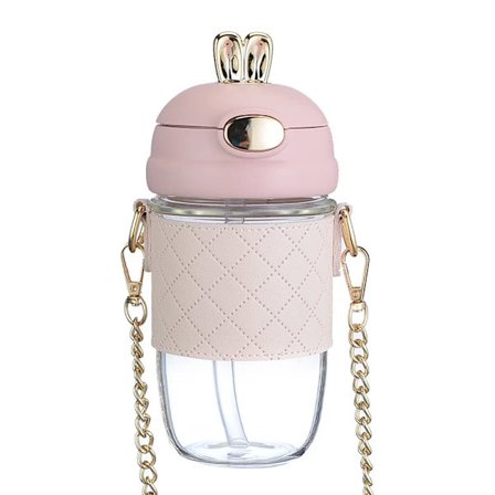 Rosa vannflaske med sugerør og rem - 350 ml BPA-fri plastflaske med lekkasjesikkert lokk - Vannflaske for alle aldre