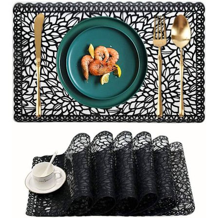 Plast Vandtætte Dækkeservietter Sæt med 6 til Spisebord Let at Tørre Rengøre Vaskbare Dækkeservietter Vinyl PVC Dækkeservietter til Køkken Sort B-