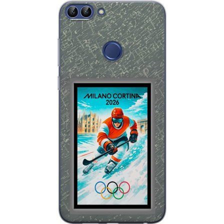 Kompatibelt Mobildeksel til Huawei P smart Curlingillustrasjon med spillere og stein på is, Milano Cortina 2026, snøsprut og olympiske ringer