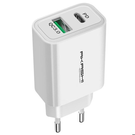 Laddare Sektor 38W Dubbel USB-A QC 3.0 + USB-C PD Snabbladdning Akashi vit