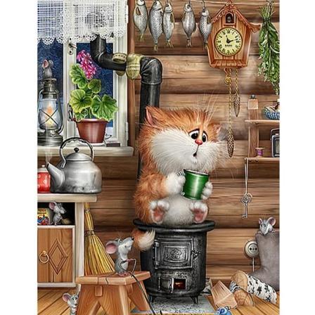 Full 5d Diy Diamond Painting Cross Stitch Cat Home Alone Broderi Som På Bilden 1 35x45cm