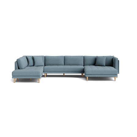 Cali U-sofa, højrevendt - Hygge Pastelblå - 374x220x76cm - Dobbelt Chaiselong Sofa med 4 Puder & Bøgetræsben - Perfekt Familie U-sofa