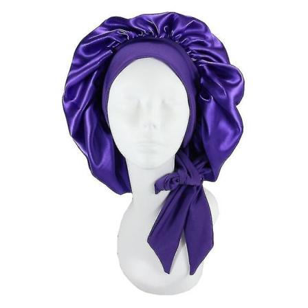 Silke Bonnet Satin Bonnet Til Sovende Bonnet Med Bånd Nat Hue Høj Kvalitet Dark Purple