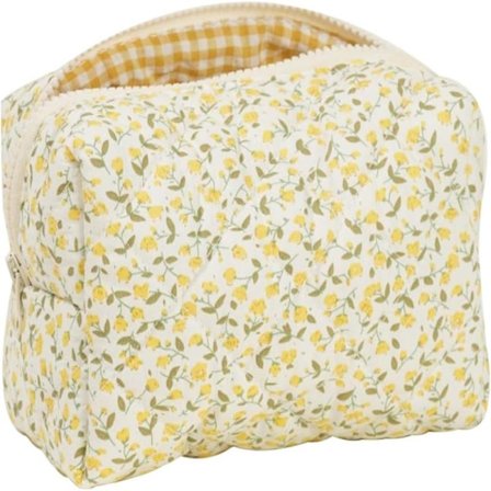 Quiltet Makeup Taske (Gul), Elegant Blomstret Makeup Taske, Blødt Bomuldsmateriale, God Plads til Makeupbørster og Skønhedsværktøjer, For ved C, Gul