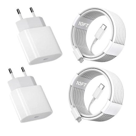 iPhone11 12 13 14 Hurtiglader, 2-pakning 20W iPhone-lader Hurtigladeblokk Adapter med 3m USB-C til Lightning Data Synk Ladekabel