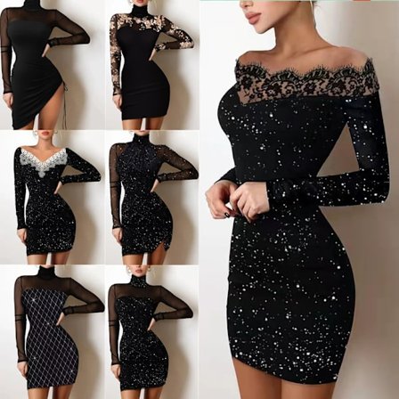 Sort Off-Shoulder Sequin Bodycon Kjole – Elegant Fest Aften Mini Kjole*XXL*off-shoulder