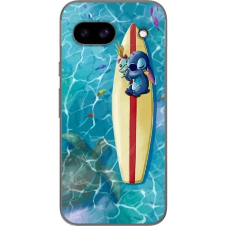 Kompatibel Mobilcover til Google Pixel 8a Afslappende illustration af Stitch der hviler på et surfbræt i klart turkisfarvet vand