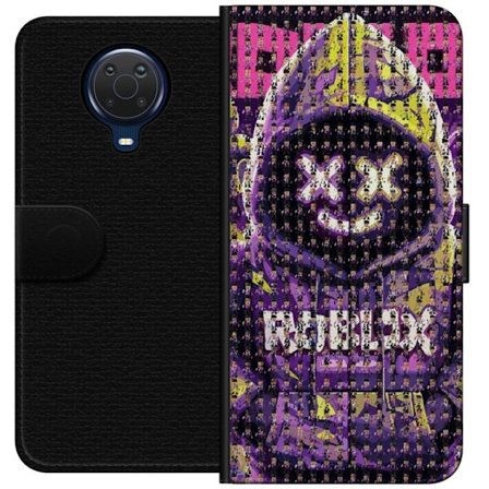 Yhteensopiva Lompakkokotelo Nokia Nokia G20 Roblox-huppari suunniteltu sadoista pienistä Roblox-hahmoista, luova mosaiikkisuunnittelu lila ja keltain