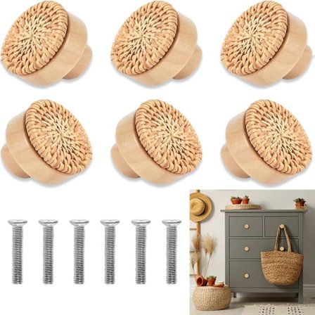6 Stykker 4x3,5 cm Skabsknopper i Rattan, Træ Rattan Knop, Møbelknop, til Kommoder Vintage Kommoder Køkkenskabslåge Håndtag Skabstræk