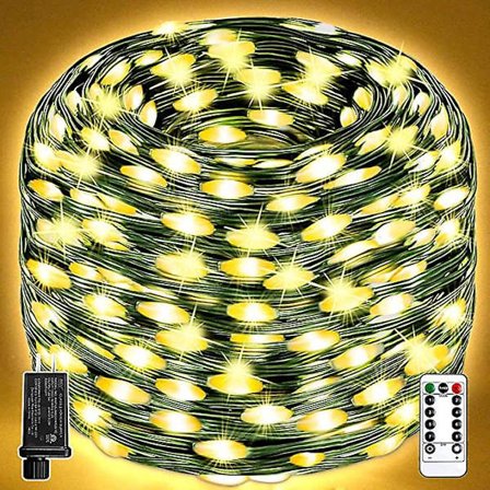 10M Super Lange Julelys Utendørs, 100LED 10m Lang Plug in Grønn Ledning Juletrærlys med Fjernkontroll, Halloween Julepynt