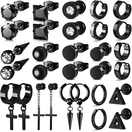Black Stainless Steel Earrings Set - Hypoallergenic Cross and Hinge Design - Unisex Fashion Jewelry 15-Piece Set