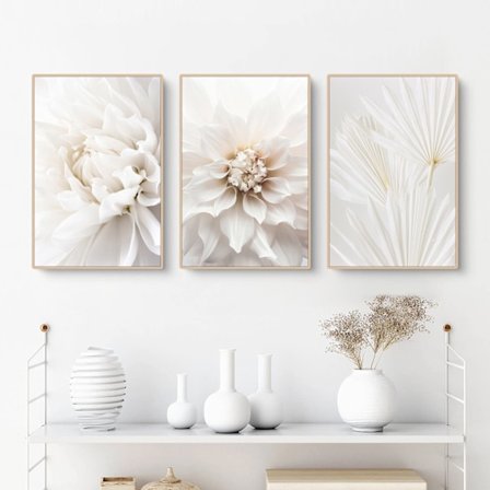 Sett med 3 plakater, hvite roseblomsterbilder, moderne lerretbilder, uten ramme, boho bildesett, veggdekorasjon for stue, soverom-FQ-