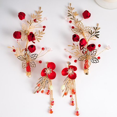 Röd Blomma Hårsnodd Huvudbonad Örhängen Kam Bakkam Håraccessoarer Bröllop Brud Håret