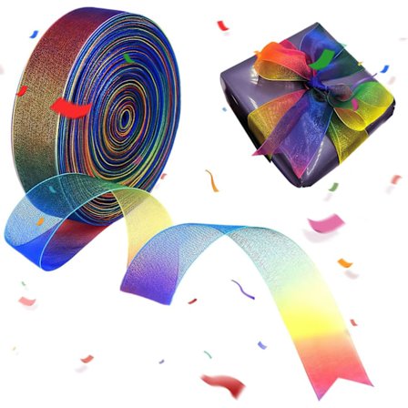 (50 meter, 25 mm) bred regnbågsgåva band, organza band glittrande klar satin band dekorativt band, gradient färg tyg band bröllop födelsedag jul 