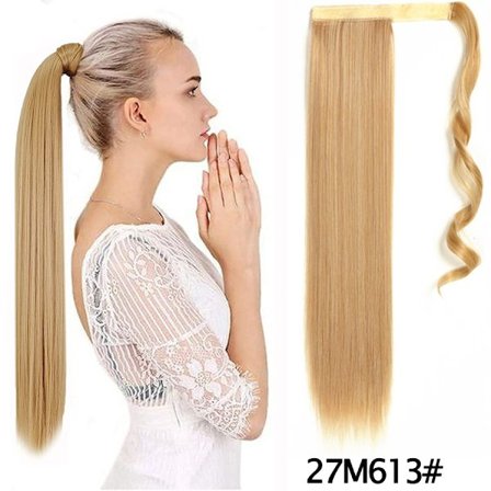 22" syntetiska hästsvansförlängningar linda runt lång rak falsk hästsvans Mjuk klämma i hårförlängningar Pony Tail falskt hår