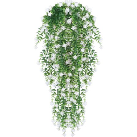 2 kpl keinotekoisia riippuvia kukkia, UV-kestäviä väärennettyjä riippuvia kasveja kukkakimppu riippuva köynnöskasvi roikkuvia kasveja (valkoinen)