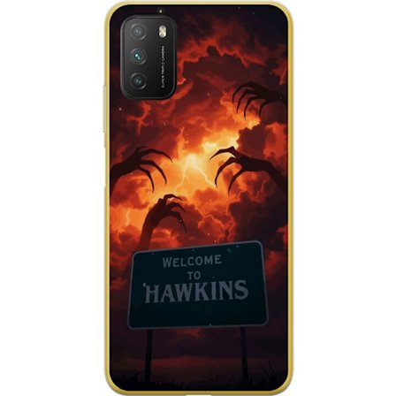 Yhteensopiva Puhelinkuori Xiaomi Xiaomi Poco M3 Pimeä kauhuteema, jossa punaisia ukkosmuuveja ja uhkaavia käsiä Hawkinsin kyltin yläpuolella dram