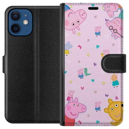 Kompatibelt Lommeboketui til Apple iPhone 12 mini Peppa Gris med en baby i armene, mamma gris motiv i fargerik og myk barneillustrasjon med hjerter