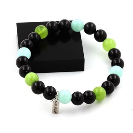 Stenar och mineraler. Angelite + Peridot + Black Agate Beads Armband 8 mm. Tillverkad i Frankrike.