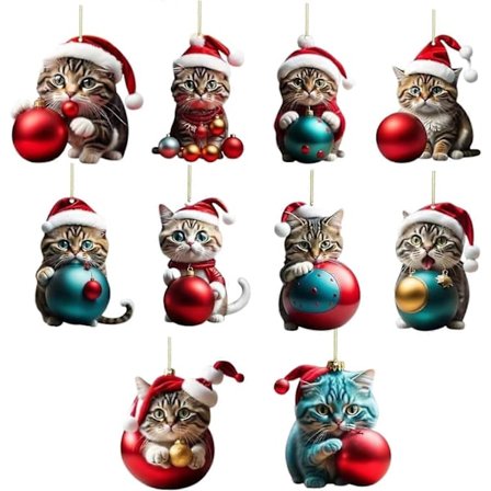 10 stk. akryl kat julepynt til juletræspynt, 2D søde julekatte ornamenter til katteelskere