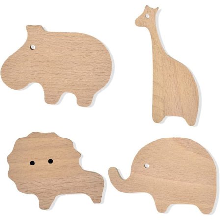 Set med 4 väggkrokar i trä för barnrum i djurform - Perfekt för att dekorera ett barnrum, barnkammare eller entré - Bokträ