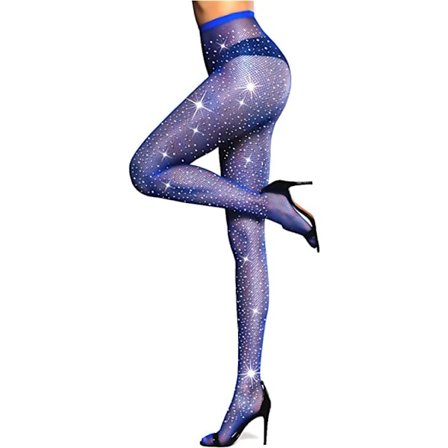 Sexy Strømpebukser med Høyt Liv, Glitter Rhinestone Fiskenett Party Rhinestone Mesh Strømper (Blå)