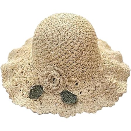 Elegant Hæklet Stråhat med Flæsedetalje, Dame Stråhatte til Sommer Strand Bredskyggende Solbeskyttelseshat