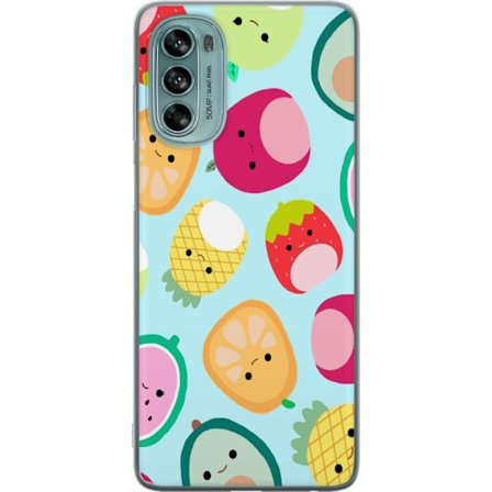 Kompatibel Mobilcover til Motorola Moto G62 5G Mønster af kawaii frugter som jordbær citron ananas og avocado på lyseblå baggrund