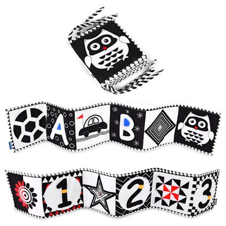 Pædagogisk legetøj – sort-hvid stofbog med tekstur, perfekt som babygave