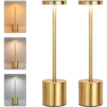Guld Trådløs Bordlampe 2-Dels Sæt, Genopladelig 5200mAH Batteridrevet Touch Skrivebordslampe, 3-Farvet Trinløs Dæmpbar Sengelampe