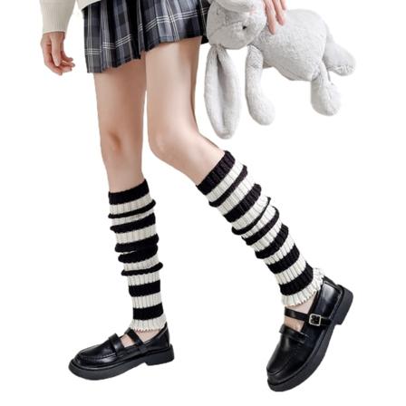 Kvinders Lolita Punk Benvarmere Sort Hvid Stribet Ribbet Knæhøje Strømper