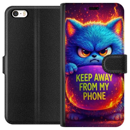 Kompatibelt Lommeboketui til Apple Apple iPhone 5s Sinna lodne blå katt med teksten "Hold deg unna telefonen min" i neonfarger og ildlignende effekte