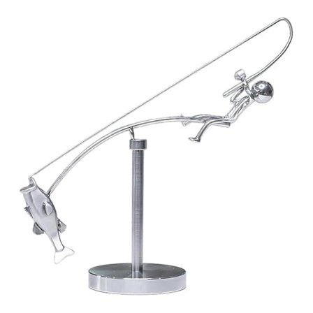 Kinetisk Balanserende Fiskerskulptur - Skrivebordsdekorasjon til Hjemmekontoret, Stressreduserende Gave til Menn for Fiskeentusiaster