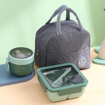 Bento Boks til Voksne Børn, 1100ML Bento Madkasse med Taske og Bestik, Mikrobølgesikker Madkasse, Bærbar Lækagesikker Madbeholder Boks, Grøn