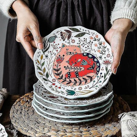 Cartoon Hand Painted Cat Dinner Plate Salad Plates Ceramic 8 Inch Pizz