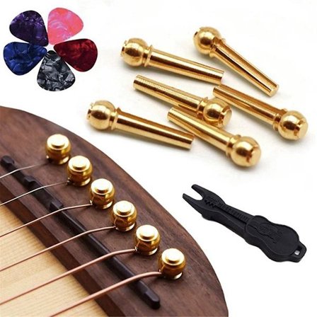 Gitarbro Pins 6 stk, Messing Endepinneplugger Fikset kjegle, Med Bro Pin Puller Remover & 5 Gitarplektre