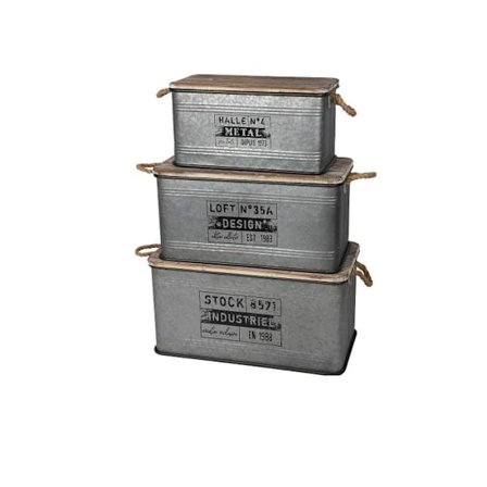 Set med 3 metalförvaringskistor "Loft & Metal" - Grå/Svart - L 68 x B 35 x D 35 cm