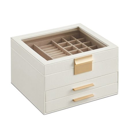 Smyckesskrin med glaslock och 3-lagers förvaring - Vit/Guld