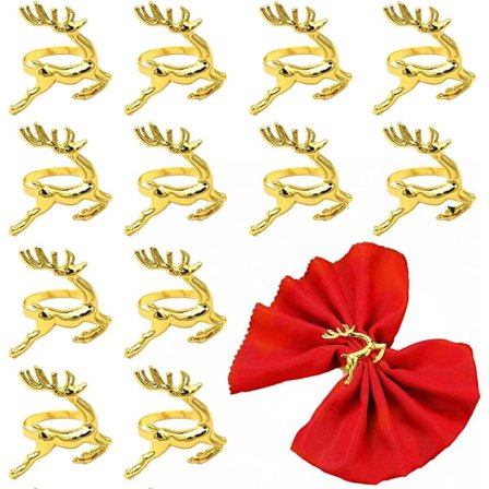 12 stk. Guldfarvede servietringe med elg, juleservietringsæt med hjorte, elegante servietholdere med rensdyr i legering, servietspænde i metal med 