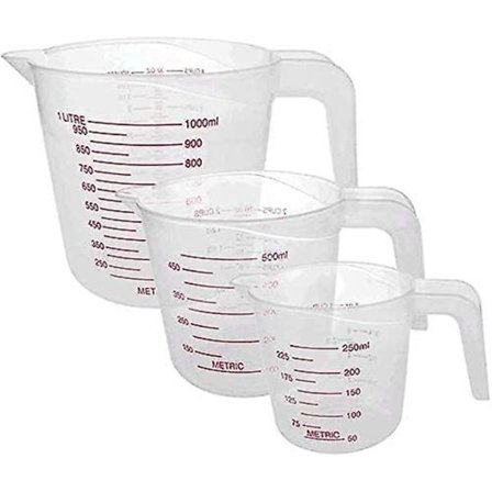 Mätkopp i plast, 3 storlekar, 1000 ml, 500 ml, 250 ml, transparent, lättavlästa mått