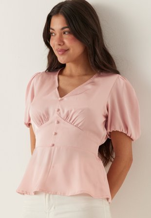 BUBBLEROOM - Satin Short Sleeve Blouse - Pink