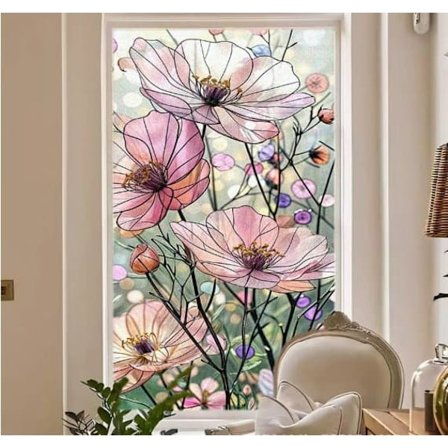 Retro Blomsteri-ikkunatarra – Itsekiinnittyvät PVC-tarrat ilman liimaa, vintage-henkinen taide ikkunoihin ja lasioviin